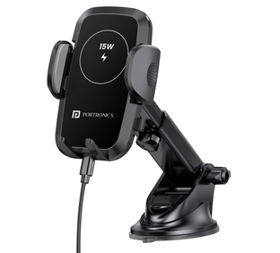 Portronics Charge Clamp 2 Magnetic Car Mobile Holder with 15W Wireless Charging - Black