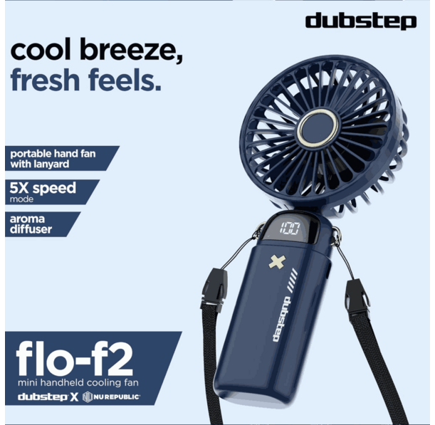 Dubstep Mini Handheld Cooling Fan Flo F2 with LED Digital Display - Blue
