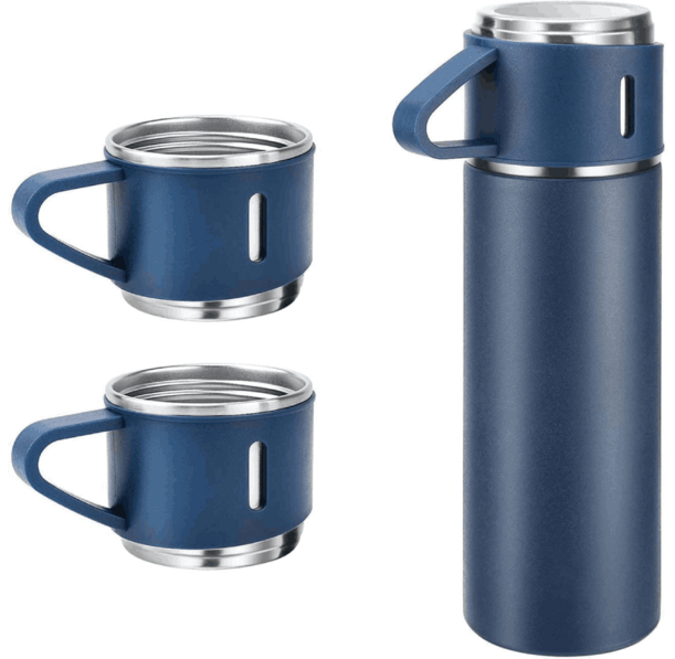 Kairos Vacuum Flask With Cups Set - Navy Blue