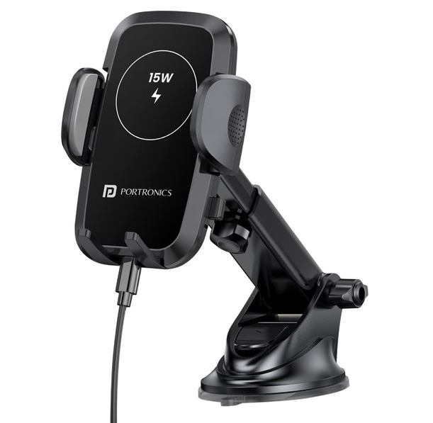 Portronics Charge Clamp 2 Magnetic Car Mobile Holder with 15W Wireless Charging - Black