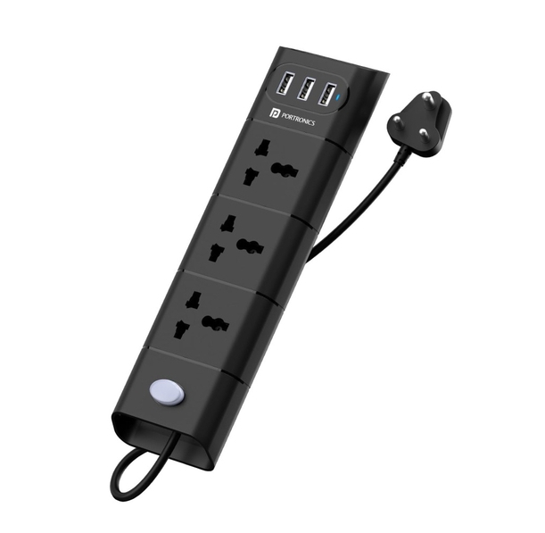 Portronics Power Plate II with 3 USB Ports + 3 Power Sockets Extension Board- Black
